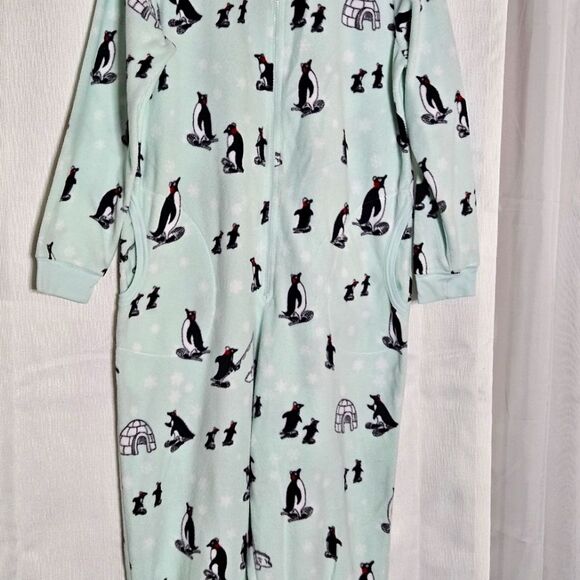 Nick & Nora Mint Green Polka-dots & Winter Penguins One Piece Zip Front Pajamas - Picture 13 of 15
